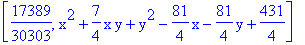 [17389/30303, x^2+7/4*x*y+y^2-81/4*x-81/4*y+431/4]